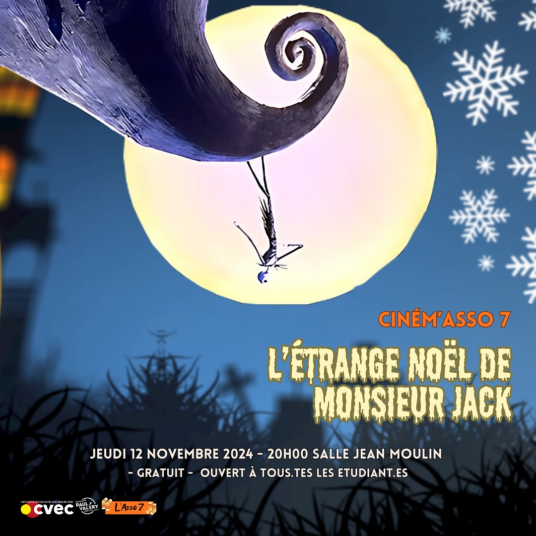 | CINÉMA 🎬🎥
Nous vous invitons le jeudi 12 novembre pour une projection de L'étrange Noël de Monsieur Jack en VOSTFR 🎃🎄
L'entrée est gratuite et ouverte à tous.tes 😁
La salle peut accueillir 200 personnes, premiers arrivés premiers servis 🤓☝️
#asso7 #paulva #viedecampus