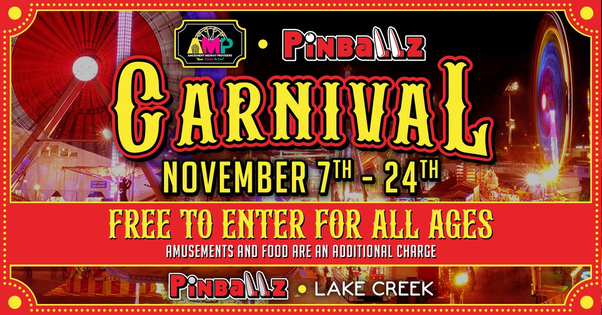 What's better than 1 carnival? HOW ABOUT 2 CARNIVALS! 🎡🎉

From Nov 7-24. AMP Amusements is setting up their tents and turning Pinballz Lake Creek into the ultimate carnival destination! 🎠 2 carnivals, 2 Pinballz locations, double the fun!