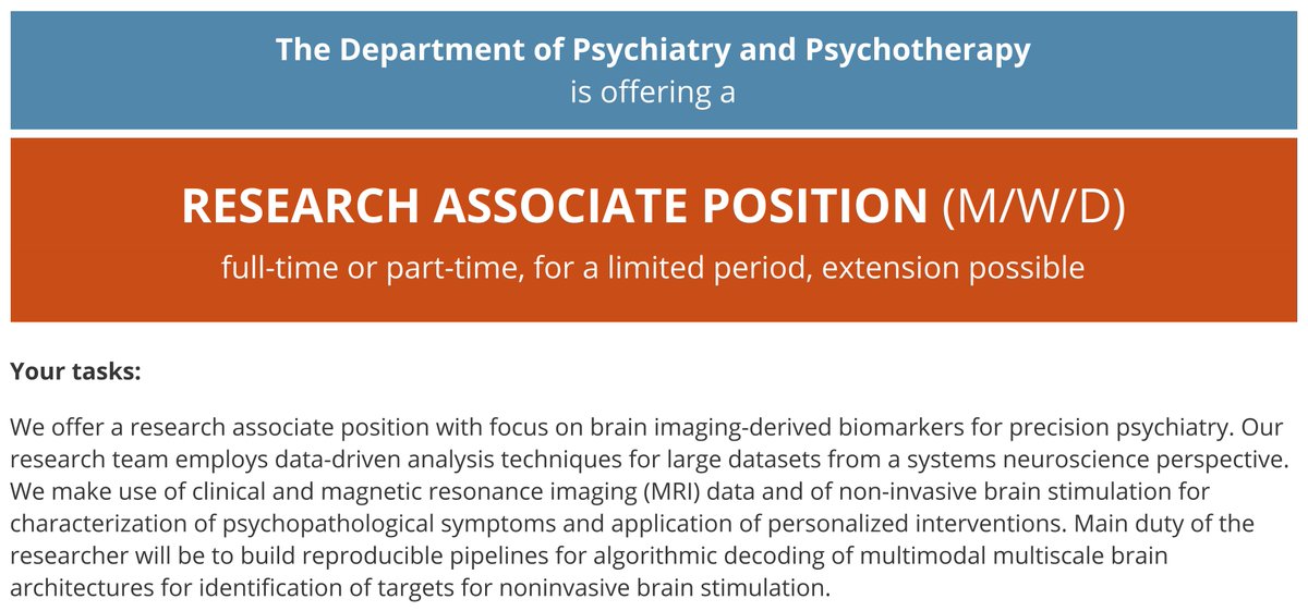 📢 +++ Research associate position available +++

Interested in analyzing brain imaging data for improving precision and efficacy of transcranial magnetic stimulation 🧲🧠?

Further info: ukr.de/ausbildung-kar…