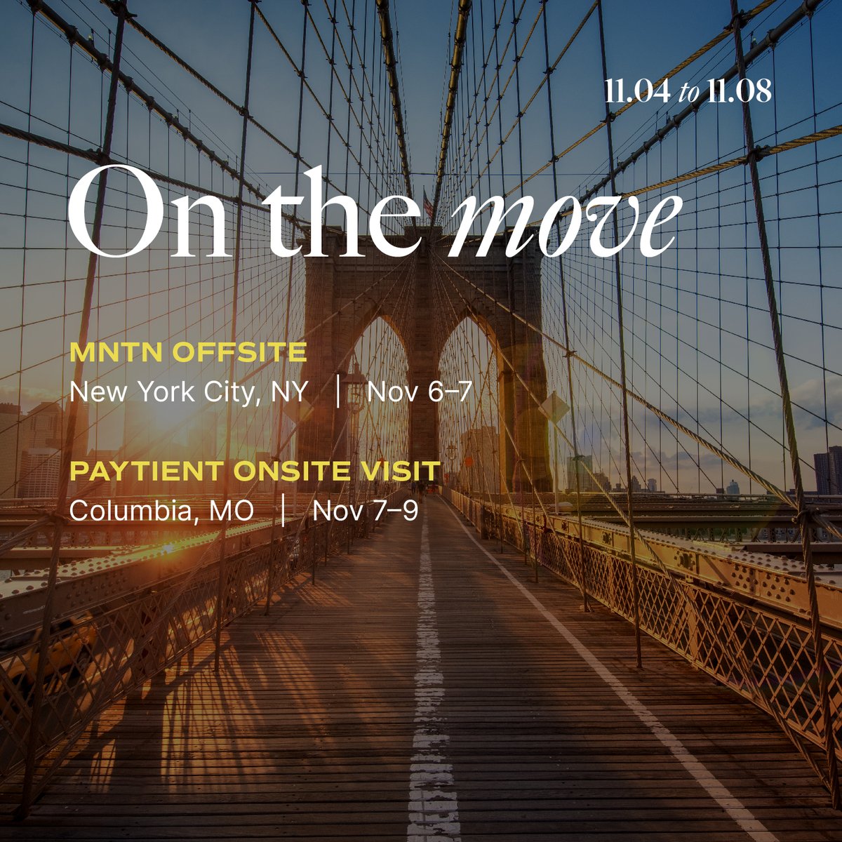 mercatopartners's tweet photo. And just like that...November is upon us! 

We're continuing to hit the ground before the holidays are in full swing. With fewer than 60 days left in 2024, there is still plenty to do. This week, find us in NYC and CoMo to meet with portco's @PaytientApp and @weareMNTN. https://t.co/qsmYt9r9sb