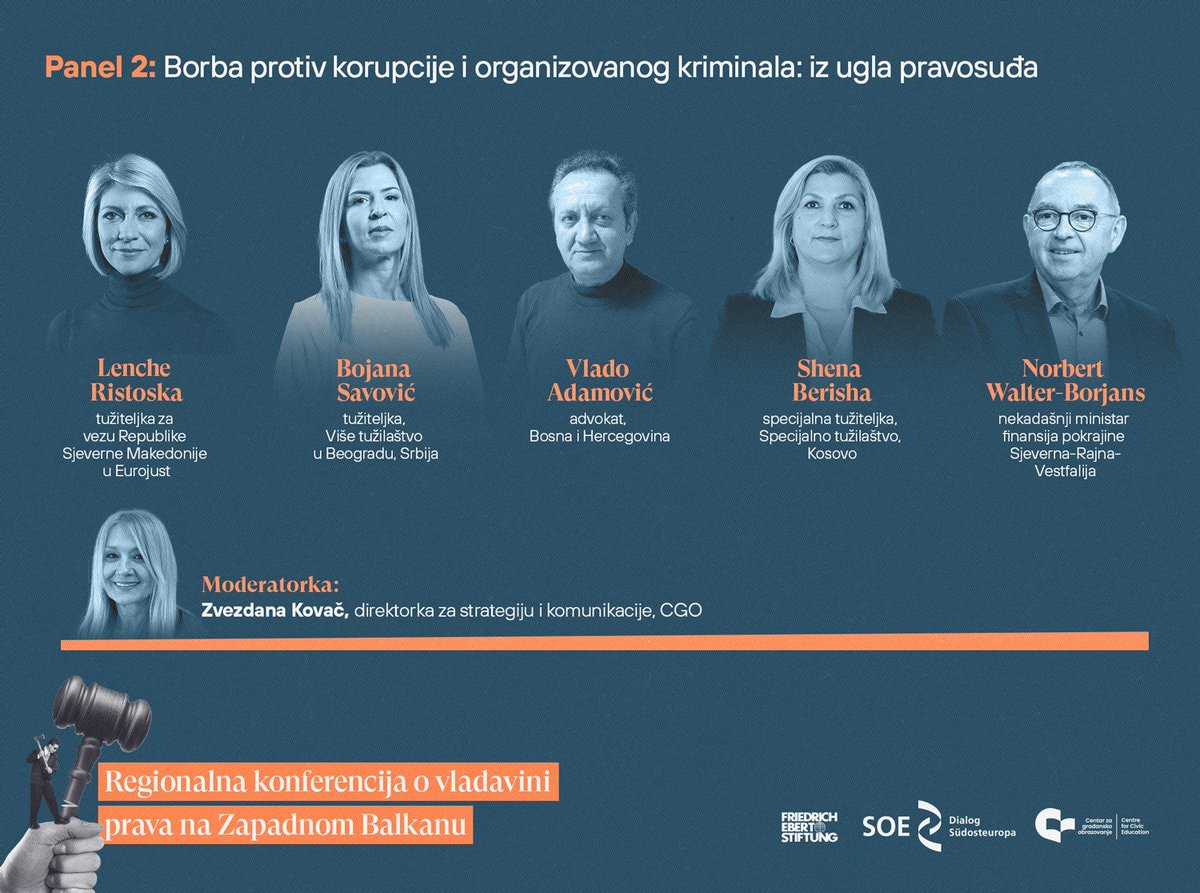 CGO - CCE (@cgocce) on Twitter photo ➡️ Drugi panel na Regionalnoj konferenciji o vladavini prava na #ZB daje pogled na borbu protiv korupcije i organizovanog kriminala iz ugla pravosuđa ⚖️
O ovoj temi će govoriti:
🔸️ 𝗟𝗲𝗻𝗰𝗵𝗲 𝗥𝗶𝘀𝘁𝗼𝘀𝗸𝗮, tužiteljka za vezu 🇲🇰 u #EUROJUST
🔸️ Bojana Savović, ➡️ Drugi panel na Regionalnoj konferenciji o vladavini prava na #ZB daje pogled na borbu protiv korupcije i organizovanog kriminala iz ugla pravosuđa ⚖️
O ovoj temi će govoriti:
🔸️ 𝗟𝗲𝗻𝗰𝗵𝗲 𝗥𝗶𝘀𝘁𝗼𝘀𝗸𝗮, tužiteljka za vezu 🇲🇰 u #EUROJUST
🔸️ Bojana Savović,