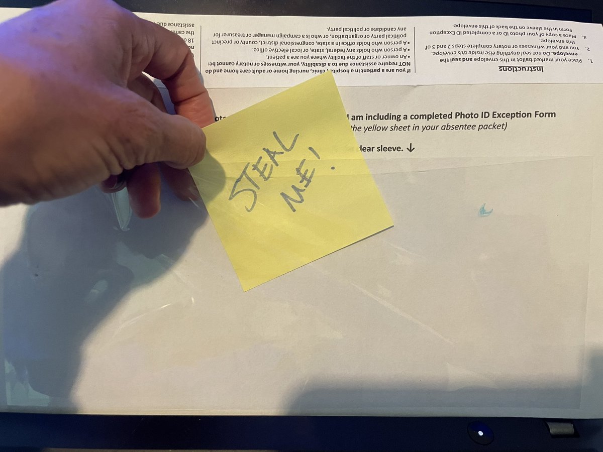 faillisa's tweet photo. @GOP The absentee ballot in NC is awful!  If it were data, it wouldn’t be allowed as it is personally identifiable information going UNSECURED through the US postal service in an accessible pouch on the OUTSIDE of an envelope. https://t.co/MjSwfbqp0K