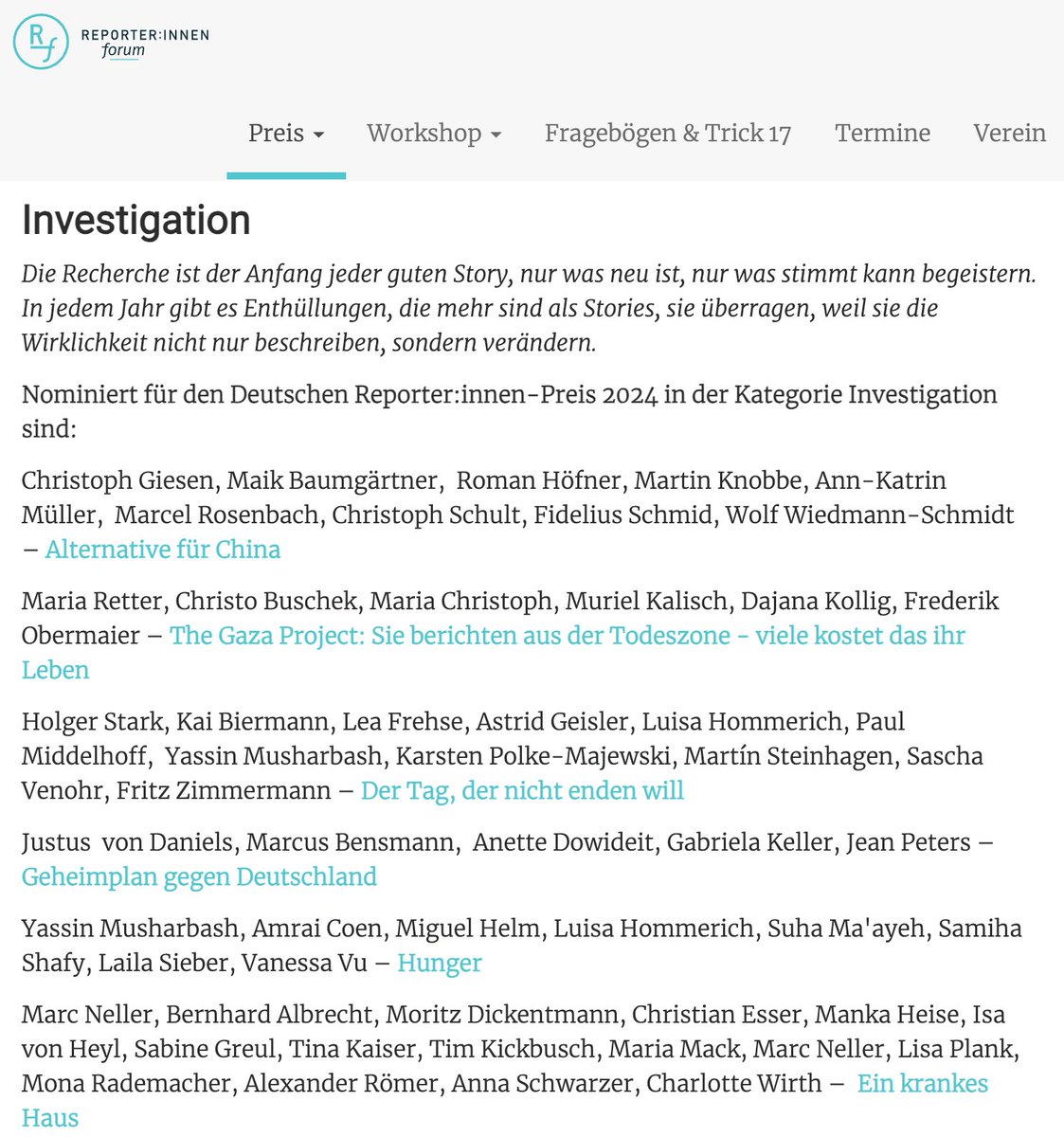 Was für eine Ehre! Unser Text, der im Rahmen des #Gazaproject erschienen ist, wurde nominiert für den #ReporterInnenpreis! SO stolz auf das  Team <a href="/maria_christoph/">Maria Christoph</a> <a href="/f_obermaier/">Frederik Obermaier</a> <a href="/DajanaKollig/">Dajana Kollig</a> <a href="/murielska/">Muriel Kalisch</a> und @christo_buschek. Glückwunsch an alle Nominierten!
reporter-forum.de/reporterinnen-…