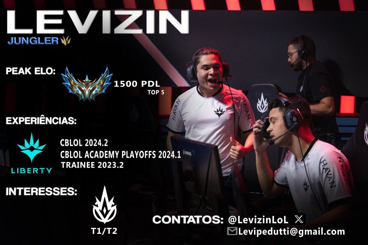Com o encerramento de atividades da Liberty, venho anunciar que estou free agent para 2025! Buscando proposta/tryout pra t1 e t2!
Ref: <a href="/TurtleGabriel/">Coach Turtle</a> <a href="/BeellzY/">BeellzY</a> <a href="/AlocsMania/">Alocs</a> <a href="/sephis_lol/">sephis</a> <a href="/k0gaxd/">lucas</a>
contato: DM ou LeviPedutti@gmail.com