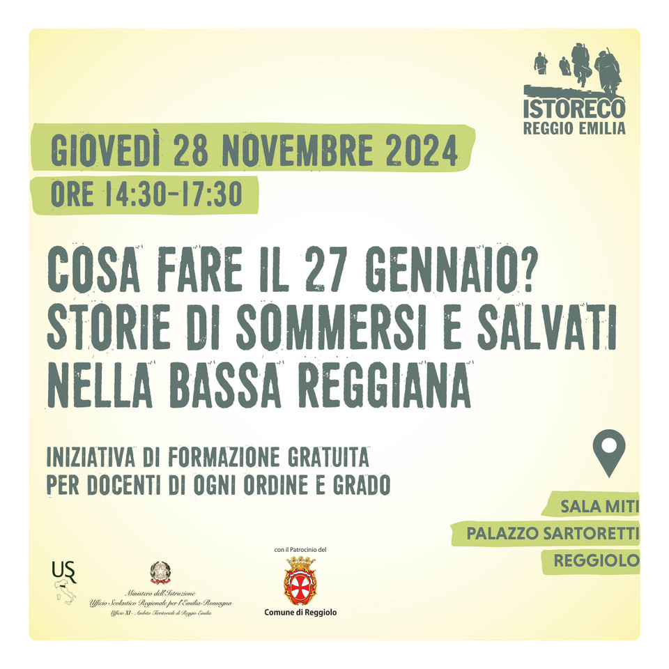 Vi aspettiamo il 28 novembre a Reggiolo per la formazione gratuita per i docenti “Cosa fare il 27 gennaio? Storie di sommersi e salvati nella Bassa Reggiana”.
GUARDA LE INFO: istoreco.re.it/formazione-per…
