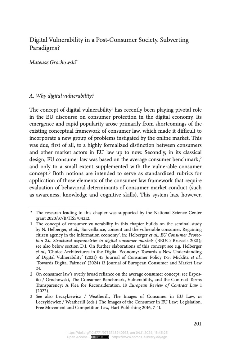 Mateusz Grochowski (@gr_mateusz) on Twitter photo Continuing my journey with “post-consumer consumer law,” I delved into the vulnerability side of the story. The paper “Digital Vulnerability in a Post-Consumer Society: Subverting Paradigms?” is out. Thanks <a href="/FrankPasquale/">frankpasquale.bsky.social or name@mastodon.social</a> for the endorsement! <a href="/TulaneLaw/">@TulaneLaw</a>
nomos-elibrary.de/10.5771/978374… Continuing my journey with “post-consumer consumer law,” I delved into the vulnerability side of the story. The paper “Digital Vulnerability in a Post-Consumer Society: Subverting Paradigms?” is out. Thanks <a href="/FrankPasquale/">frankpasquale.bsky.social or name@mastodon.social</a> for the endorsement! <a href="/TulaneLaw/">@TulaneLaw</a>
nomos-elibrary.de/10.5771/978374…