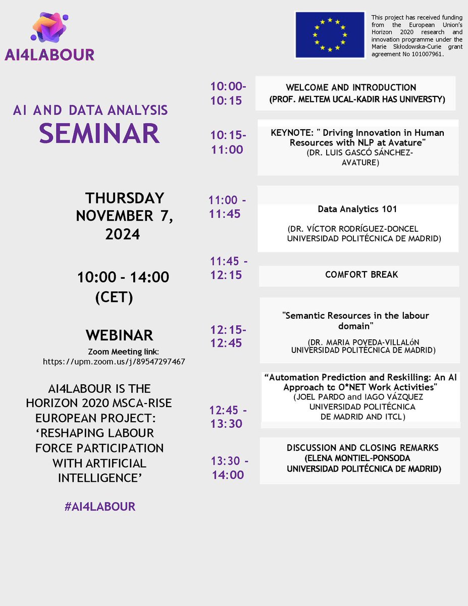 Elena Montiel (@elemontiel) on Twitter photo 🚀 Excited to announce our upcoming seminar on Data Analysis & AI in the context of the <a href="/Ai4Labour/">AI4LABOUR</a> project! We'll count on expert colleagues <a href="/vroddon/">Victor Rodriguez</a> <a href="/MariaPovedaV/">María Poveda</a> <a href="/Pardof08/">Joel Pardo</a>, project partners from <a href="/_ITCL/">ITCL Centro Tecnológico</a> <a href="/khasedutr/">Kadir Has Üniversitesi</a> & a keynote speaker <a href="/LuisGasco/">Luis Gasco Sanchez</a> <a href="/Avature/">Avature</a> . Don't miss out!📅 🚀 Excited to announce our upcoming seminar on Data Analysis & AI in the context of the <a href="/Ai4Labour/">AI4LABOUR</a> project! We'll count on expert colleagues <a href="/vroddon/">Victor Rodriguez</a> <a href="/MariaPovedaV/">María Poveda</a> <a href="/Pardof08/">Joel Pardo</a>, project partners from <a href="/_ITCL/">ITCL Centro Tecnológico</a> <a href="/khasedutr/">Kadir Has Üniversitesi</a> & a keynote speaker <a href="/LuisGasco/">Luis Gasco Sanchez</a> <a href="/Avature/">Avature</a> . Don't miss out!📅