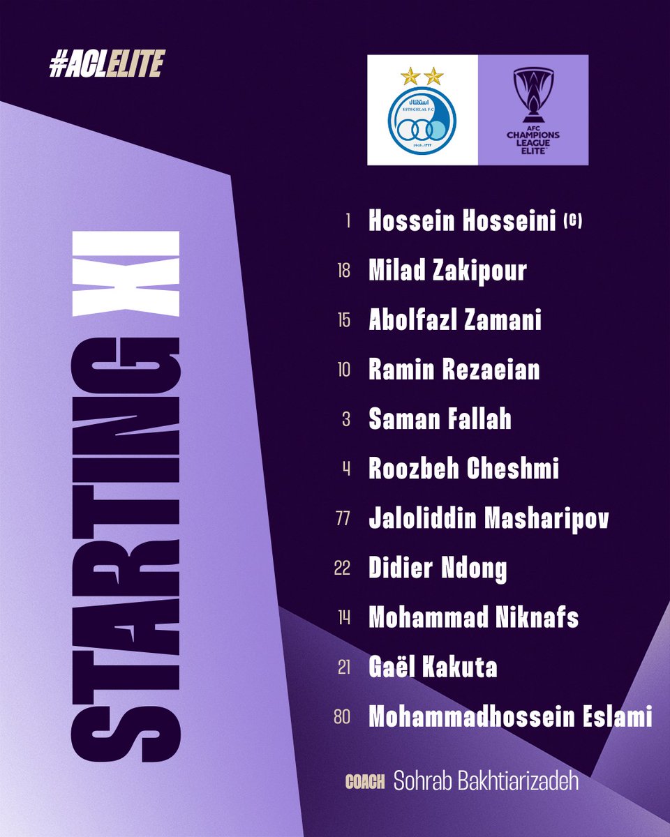 TheAFCCL's tweet photo. LINEUPS | 🇸🇦 Al Hilal 🆚 Esteghlal 🇮🇷
Each side has four wins against the other in this competition, with their encounters never ending in a draw.
Will that change today? 👀
Watch 𝙇𝙄𝙑𝙀: https://t.co/sMjqIhGjJJ
#ACLElite | #HILvEST https://t.co/QGAYPl0kPY