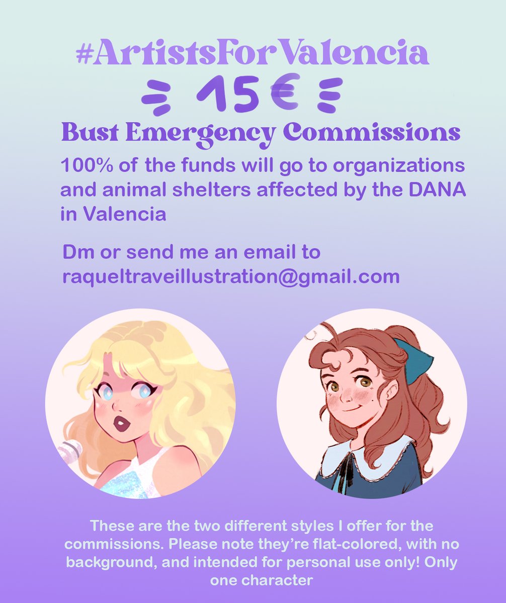 Raquel ✨🌷 MCM LONDON 🩵 (@raqueltraveart) on Twitter photo 🚨🚨EMERGENCY BUST COMMISSIONS🚨🚨
All the funds raised will go to those affected by the floods in Valencia! You can dm here or send me an email to raqueltraveillustration@gmail.com
Please share! 🙏
#ArtistsForValencia 🚨🚨EMERGENCY BUST COMMISSIONS🚨🚨
All the funds raised will go to those affected by the floods in Valencia! You can dm here or send me an email to raqueltraveillustration@gmail.com
Please share! 🙏
#ArtistsForValencia