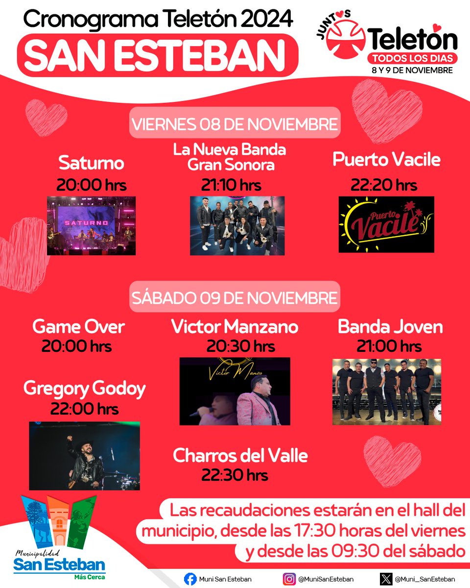 Este viernes 8 y sábado 9 de noviembre es la <a href="/Teleton/">Teletón Chile</a>  y, como municipio, hemos preparado distintas actividades para aportar a esta noble causa.

Revisa la programación y participa con nosotros. 

8 y 9 de noviembre, #Juntos #TodosLosDías 🦾❤️

#SanEstebanMásCerca❤️