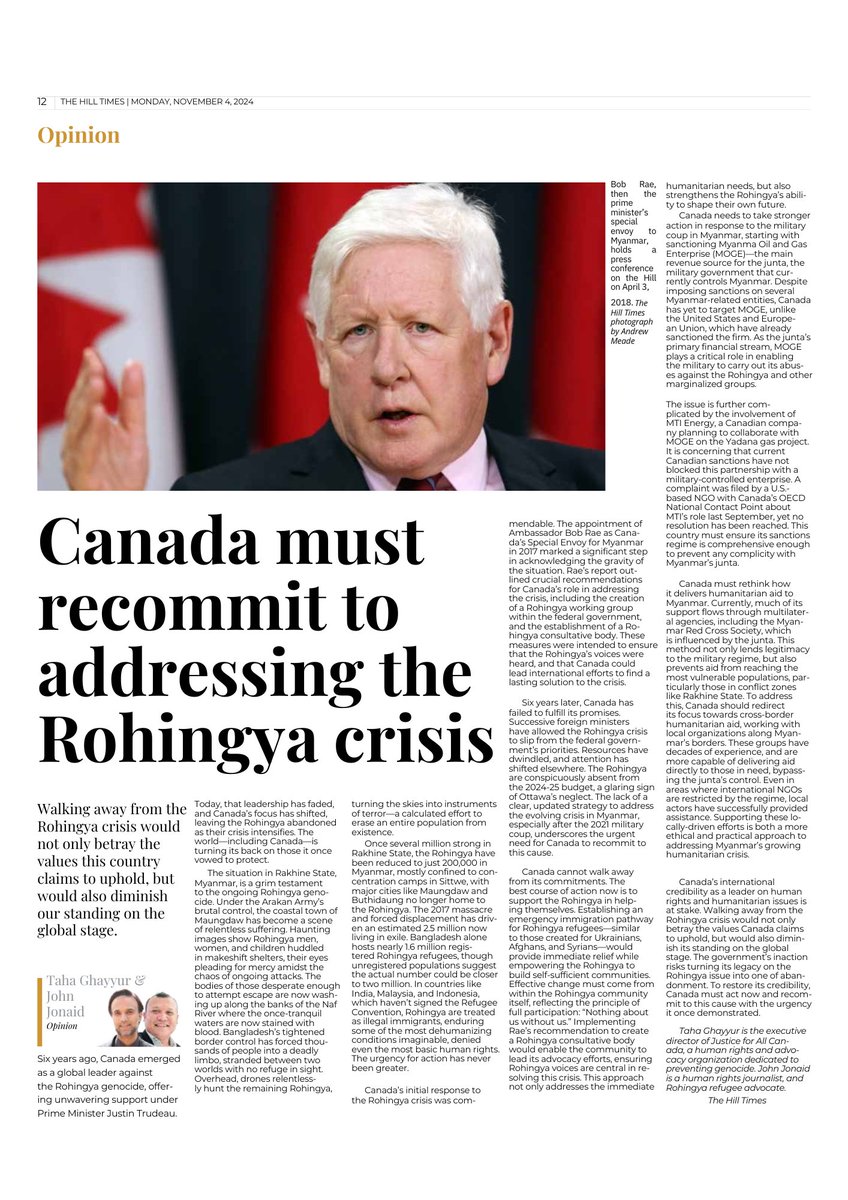 Canada must renew its commitment to the #Rohingya crisis. Establish an immigration pathway, empower Rohingya voices, impose sanctions on the military, and deliver aid through local channels. Inaction risks Canada’s human rights credibility.<a href="/BobRae48/">Bob Rae</a>

hilltimes.com/story/2024/11/…