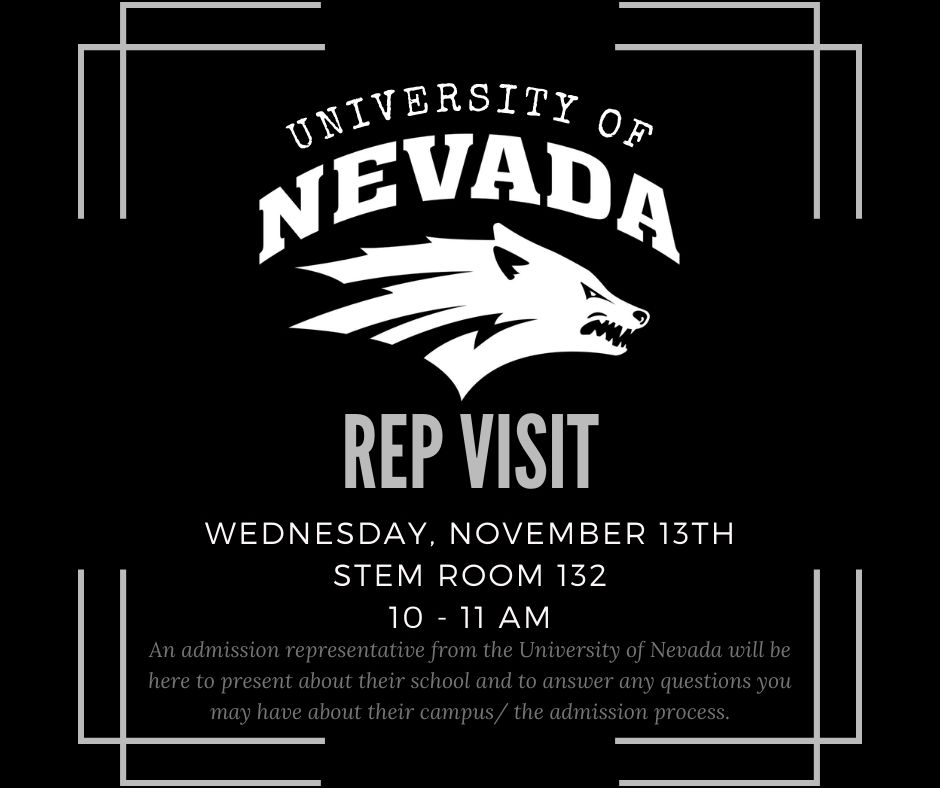 RaptorScholars's tweet photo. Good morning Raptors!
Next Wed, Nov 13, an admission rep from the University of Nevada will be at STEM to speak with students about their school (campus life, majors and minors, financial aid and more) and give students the opportunity to ask about any questions they may have! https://t.co/JRC1tUBNMP