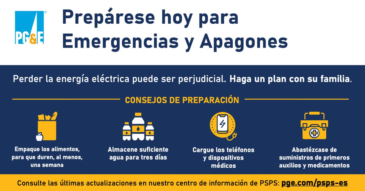 Aprende sobre futuros apagones en tu servicio de PG&amp;E por motivos de seguridad.
Más información en: pge.com/psps-es