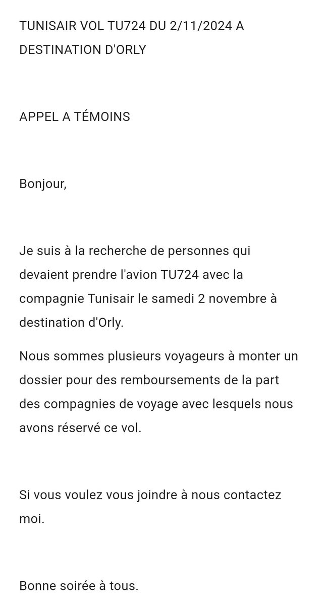 Lenachajohn's tweet photo. TUNISAIR VOL TU724 DU 2/11/2024 A DESTINATION D'ORLY 

APPEL A TÉMOINS
#tunisair https://t.co/3ErrkBRLnz