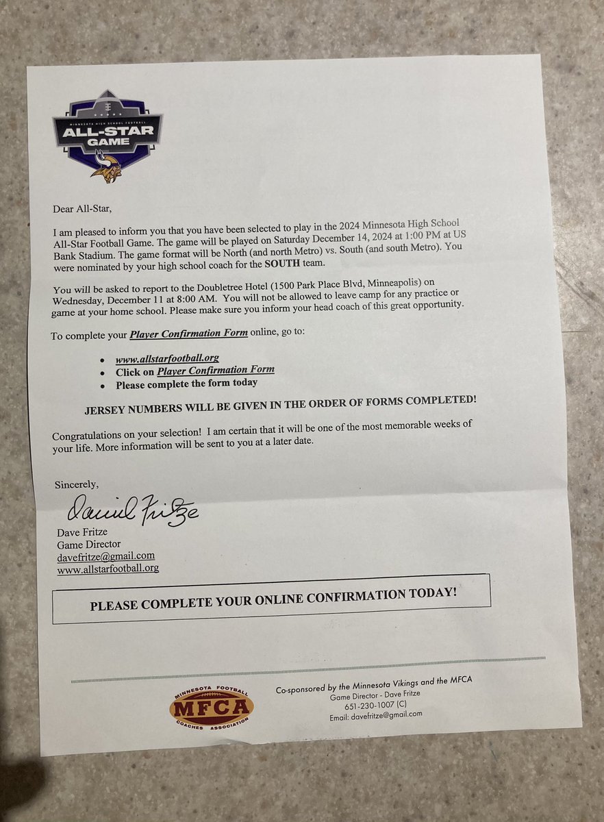 Blessed and honored to be representing <a href="/huskiesfootball/">owatonnafootball</a> and the South team in the Minnesota High School All-Star game‼️