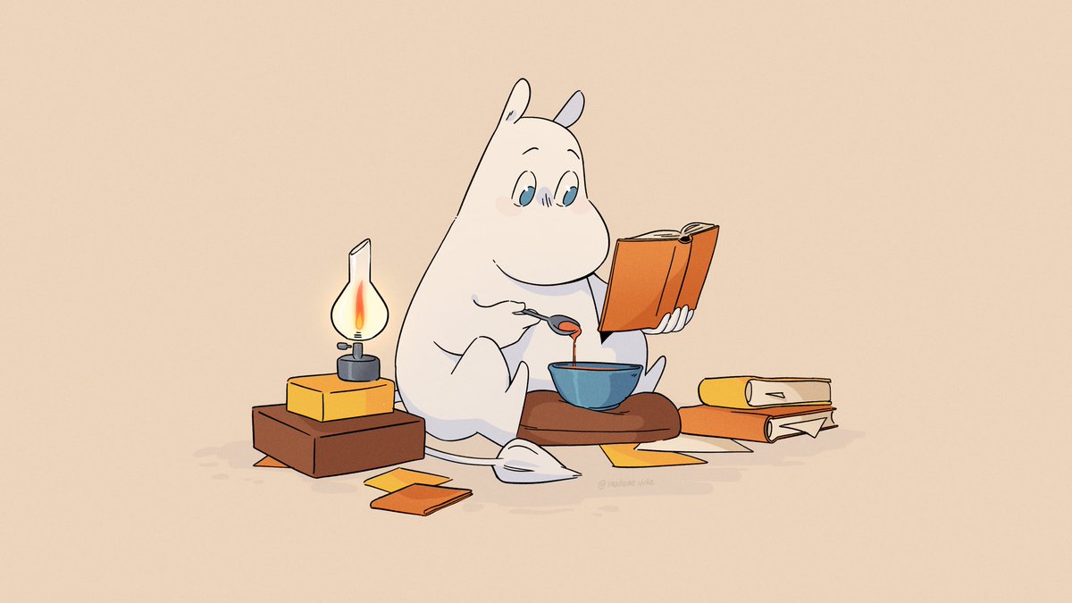 Madame_Vide's tweet image. Daily Moom - 3/30
Moomin reading over his freshly made soup📚