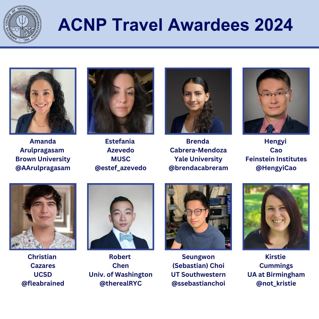 Neuropsychopharmacology (@npp_journal) on Twitter photo We are ~1month out from #ACNP2024 so what better way to countdown than by introducing our stellar <a href="/ACNPorg/">ACNP</a> 2024 Travel Awardees?🤩
More about our first group below👇<a href="/AArulpragasam/">Amanda Arulpragasam</a> <a href="/estef_azevedo/">Estef Azevedo</a> <a href="/brendacabreram/">Brenda Cabrera Mendoza</a>
<a href="/HengyiCao/">Hengyi Cao</a> @fleabrained <a href="/therealRYC/">Robert Y. Chen</a> <a href="/SSebastianChoi/">Seungwon (Sebastian) Choi 최승원</a> <a href="/not_kristie/">Dr. Kirstie Cummings</a> We are ~1month out from #ACNP2024 so what better way to countdown than by introducing our stellar <a href="/ACNPorg/">ACNP</a> 2024 Travel Awardees?🤩
More about our first group below👇<a href="/AArulpragasam/">Amanda Arulpragasam</a> <a href="/estef_azevedo/">Estef Azevedo</a> <a href="/brendacabreram/">Brenda Cabrera Mendoza</a>
<a href="/HengyiCao/">Hengyi Cao</a> @fleabrained <a href="/therealRYC/">Robert Y. Chen</a> <a href="/SSebastianChoi/">Seungwon (Sebastian) Choi 최승원</a> <a href="/not_kristie/">Dr. Kirstie Cummings</a>