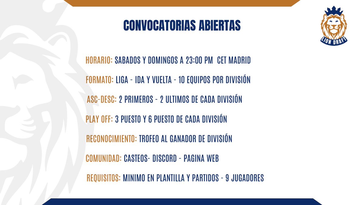 Abrimos convocatorias para nuestra primera divisón. 

¿Estáis listos para rugir con la #LionDRAFT?

📥Inscripciones al DM.

#ClubesPro