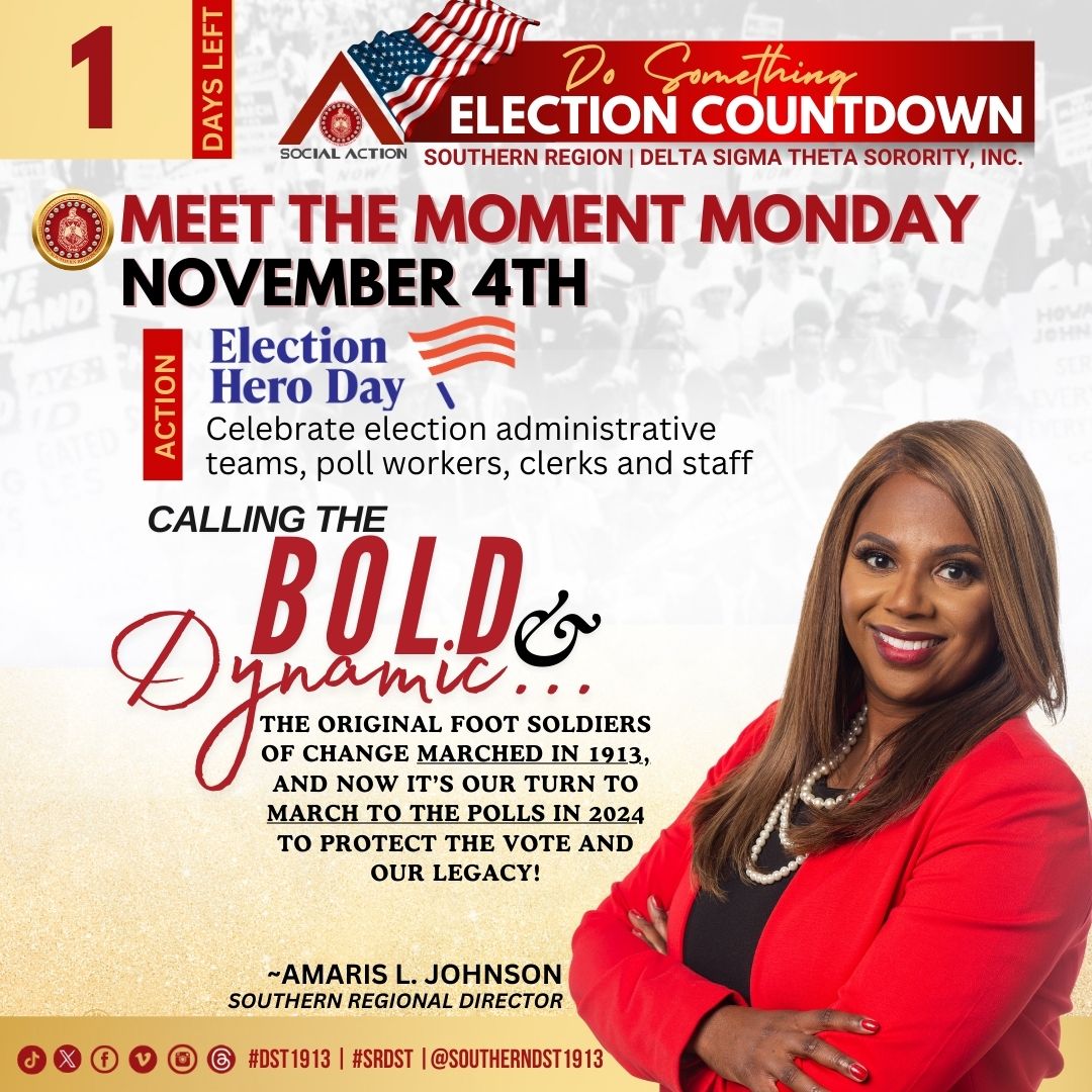 Just 1 DAY LEFT!  Tomorrow’s the big day—let’s Do Something and make it count!

Today, Celebrate Election Day Heroes! Take a moment to shout out all those working hard to make this Election Day possible—poll workers, volunteers, etc. They’re the real MVPs!

#SRDST #DST1913