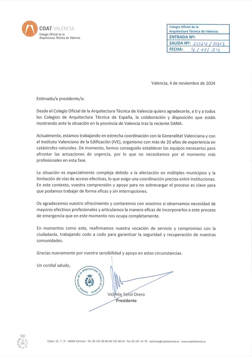 🔴🗒️Comunicado: el CGATE está en contacto directo con el <a href="/COATValencia/">COAT Valencia</a> y ellos a su vez con la <a href="/generalitat/">Generalitat</a> y <a href="/Fundacion_IVE/">IVE | Instituto Valenciano de la Edificación</a> . Los compañeros de Valencia agradecen todas las muestras de apoyo recibidas por la organización colegial y nos señalan las pautas que están siguiendo: