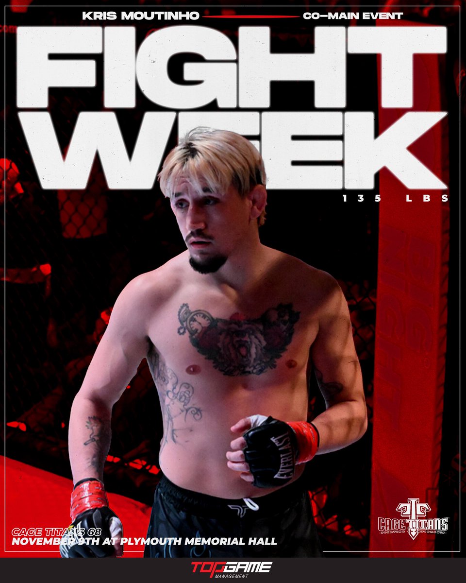 TopGameMGMT's tweet photo. 🚨 MOUTINHO FIGHT WEEK 🚨
Your favorite fighter’s favorite fighter is back in action this weekend! That’s right, Kris Moutinho will be stepping into The Hall at Cage Titans 58.
Time to remind them! 😤
#TeamTopGame #CT68 #NewEnglandMMA
Art by @TJCarvalho 🖼️ https://t.co/dzdDRsdhpp