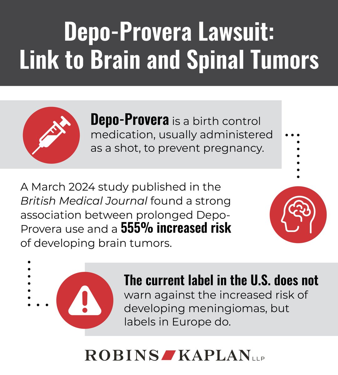 Robins Kaplan LLP is investigating claims from women who developed brain or spinal tumors after receiving the Depo-Provera birth control shot. 

If you’ve been affected, contact us at 1.800.553.9910 or complete our online form for a free evaluation: bit.ly/4fbXfWO.