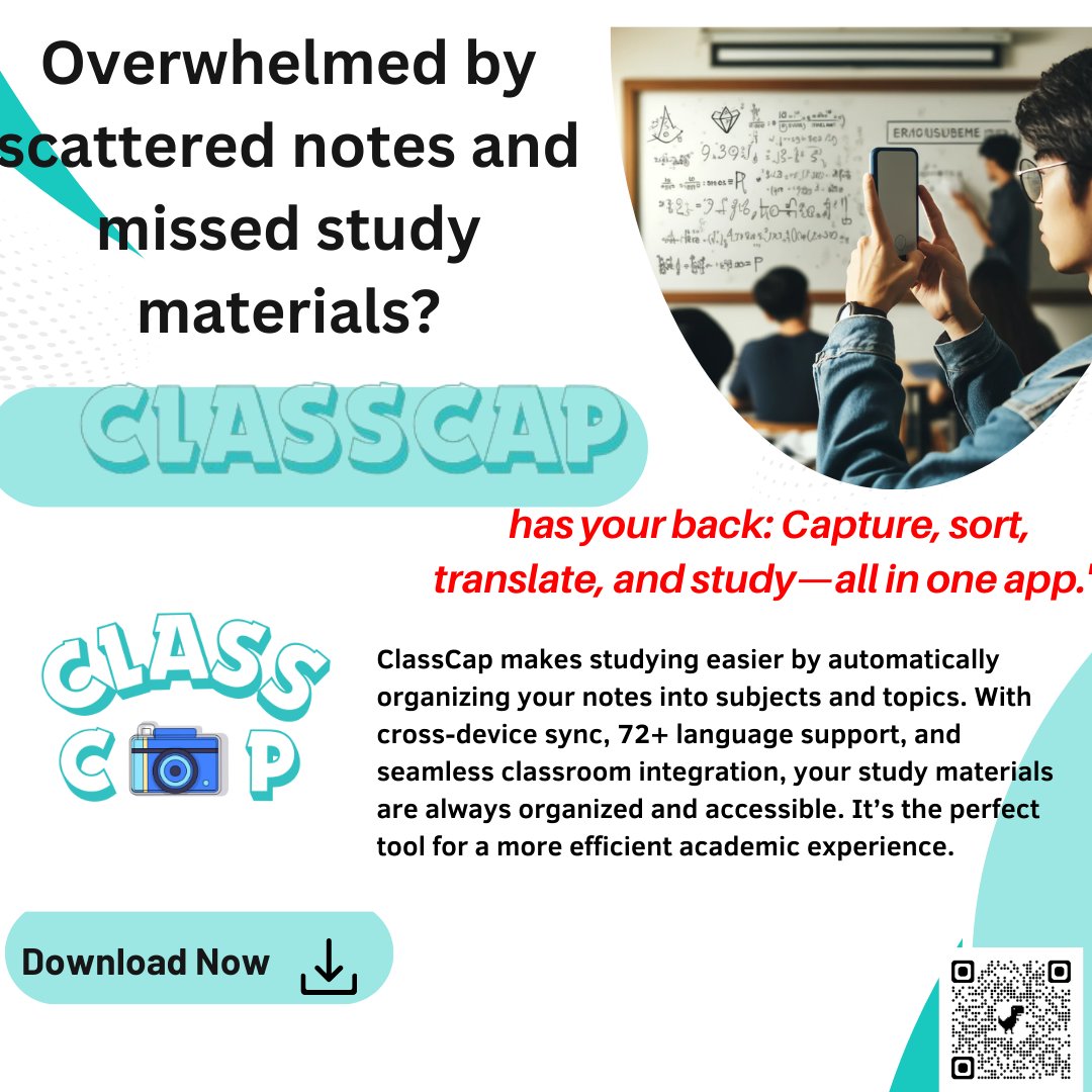ClassC5762's tweet image. Simplify your study routine with ClassCap. Capture, organize, and translate your classroom notes effortlessly!

#ClassCap#StudySimplified#SmartNotes #AcademicTools