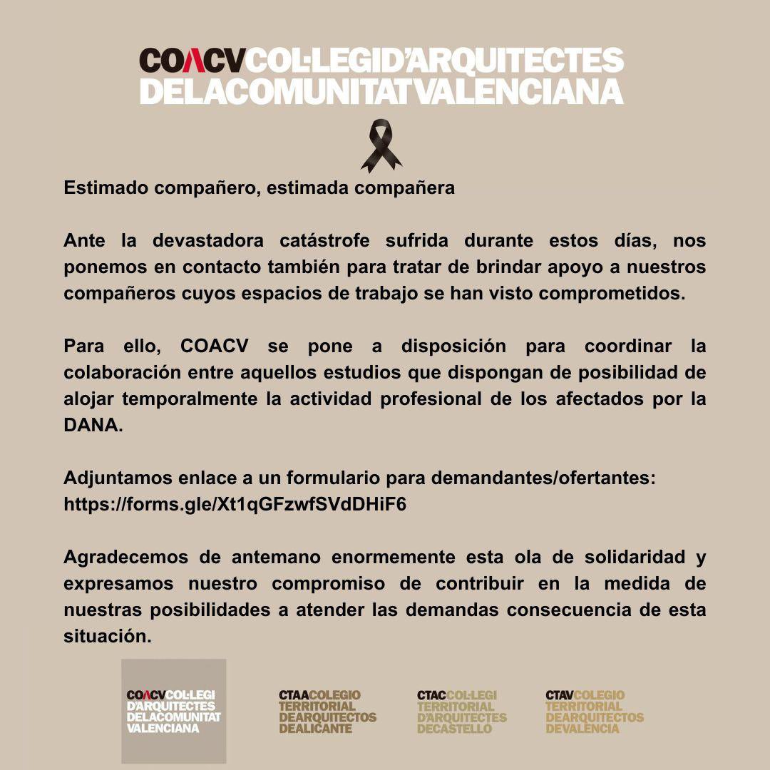 Ponemos en marcha una iniciativa para realojar a aquellos compañeros/as afectados por inundaciones que han perdido su espacio de trabajo

Si en tu estudio tienes disponibilidad para acoger temporalmente la actividad profesional, rellena este formulario👇

forms.gle/Xt1qGFzwfSVdDH…