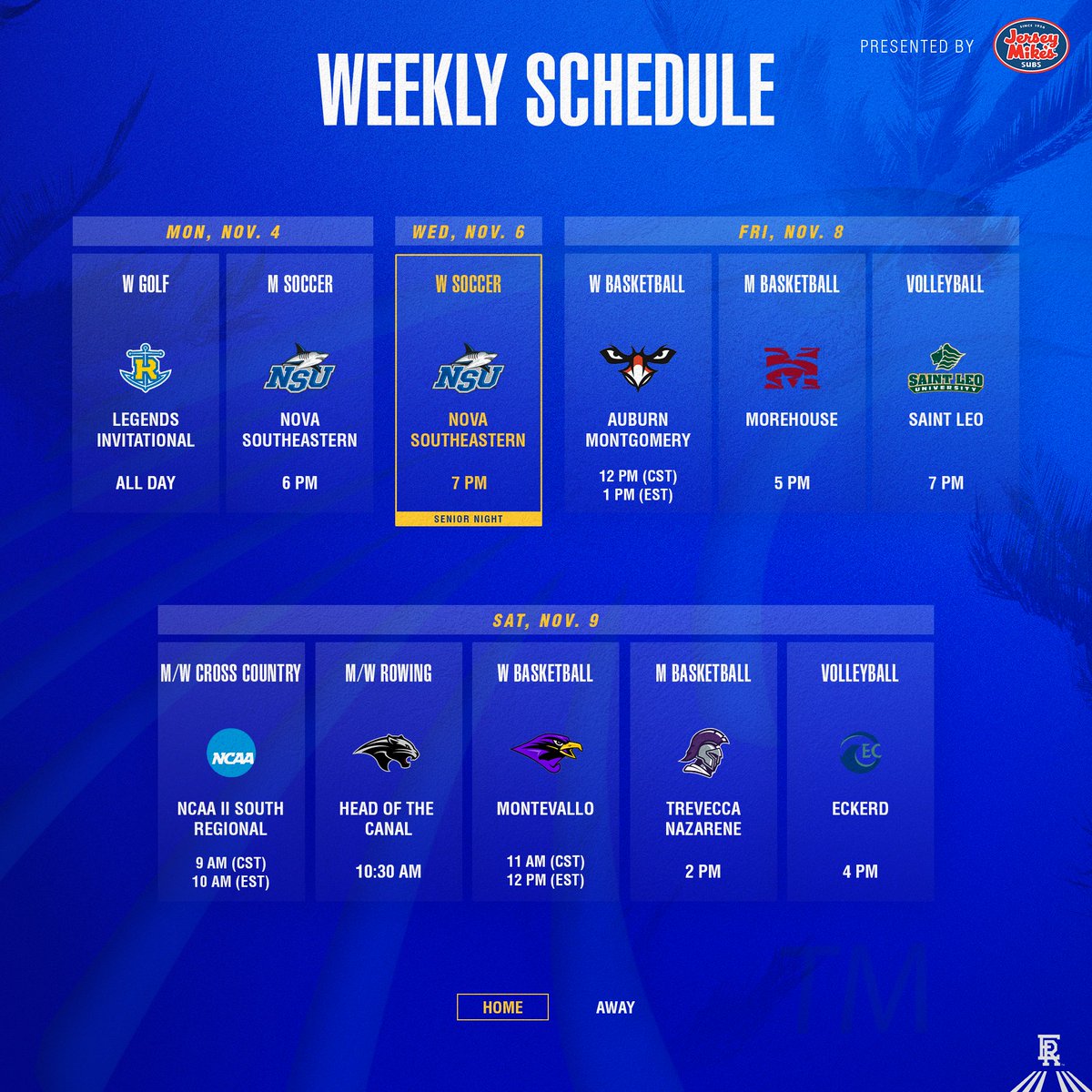 It's a busy week, but mostly with road events 🙁

• <a href="/ERAUWSoccer/">Embry-Riddle Women's Soccer</a> celebrates Senior Night on Wednesday
• <a href="/ERAUXCTF/">Embry-Riddle Cross Country/Track & Field</a> heads to the NCAA II South Regional
• <a href="/ERAUMSoccer/">Embry-Riddle Men's Soccer</a> closes out its regular season tonight
• <a href="/ERAUMBasketball/">Embry-Riddle Men's Basketball</a> and <a href="/ERAUWBasketball/">Embry-Riddle Women’s Basketball</a> start their seasons on Friday