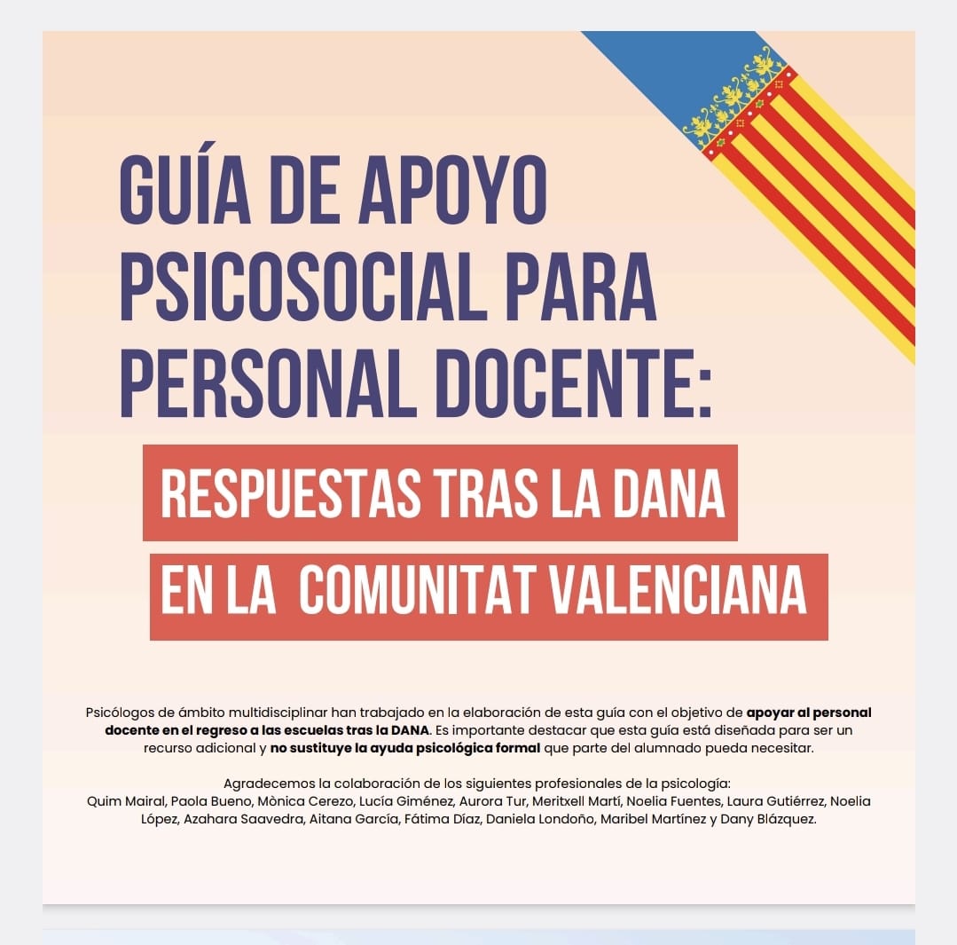 sosdesaparecido's tweet photo. Un grupo de psicólogos han realizado una GUÍA DE APOYO PSICOSOCIAL PARA PERSONAL DOCENTE: que puede resultar  útil para todos los docentes que tengan que enfrentar situaciones  complicadas en los próximos días de clase como RESPUESTAS TRAS LA DANA EN LA COMUNITAT VALENCIANA via @_Shinbo 
🔗📕
https://t.co/fDEQQf4O6K