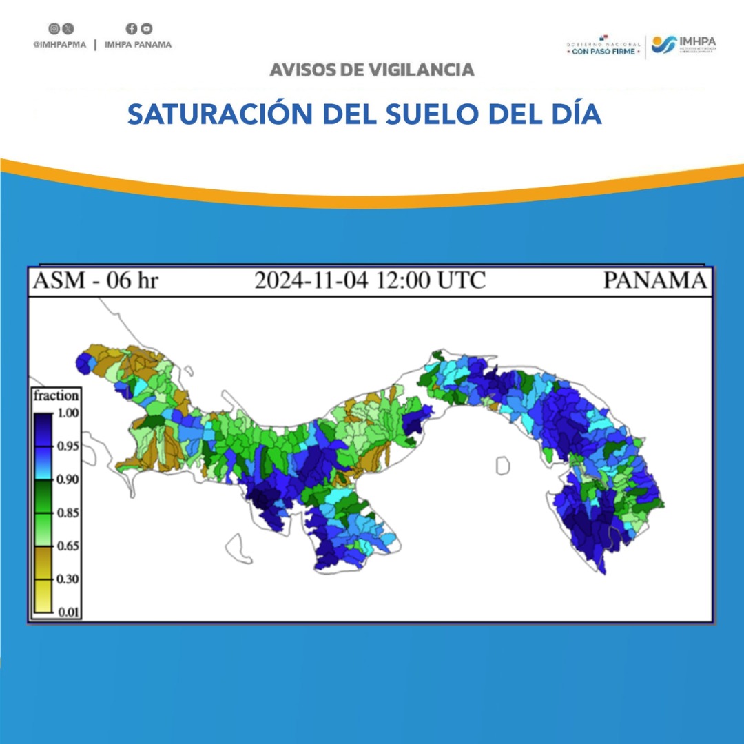 Saturación de suelos en Panamá al 4 de noviembre  de 2024
El Mapa de Saturación de Suelo de las últimas seis horas indica amplias zonas con índices de 100%, es decir que, con poca cantidad de lluvias se pueden generar inundaciones y deslizamientos. <a href="/Sinaproc_Panama/">SINAPROC PANAMA</a>
<a href="/MinGobPma/">Ministerio de Gobierno de Panamá</a>
