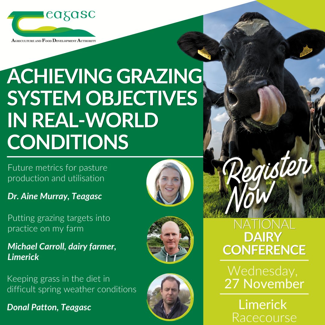 Join us on Wednesday, 27 November in Limerick Racecourse for the National Dairy Conference. Session One at the conference will focus on 'Achieving grazing system objectives in real-world conditions'.
Register today here teagasc.ie/dairycon24 #DairyCon24