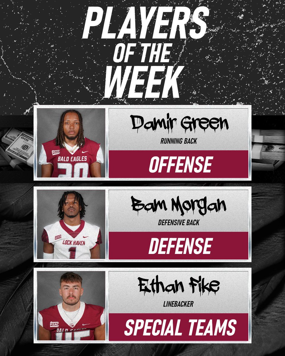 LHU_Football's tweet photo. Here are our Lock Haven Football Players of the Week for week 9.

#LockedIn🔒🦅 https://t.co/5cfaKmZ9Ch