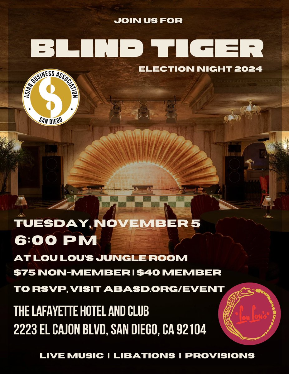 Where will you be during the momentous 2024 Election Night? 🗳️

Don’t miss out on great company, live music, drinks, &amp; live election updates. Grab your spot now and let’s experience this historic night together! #Election2024 

📲 Tickets available at: ABASD.org/event