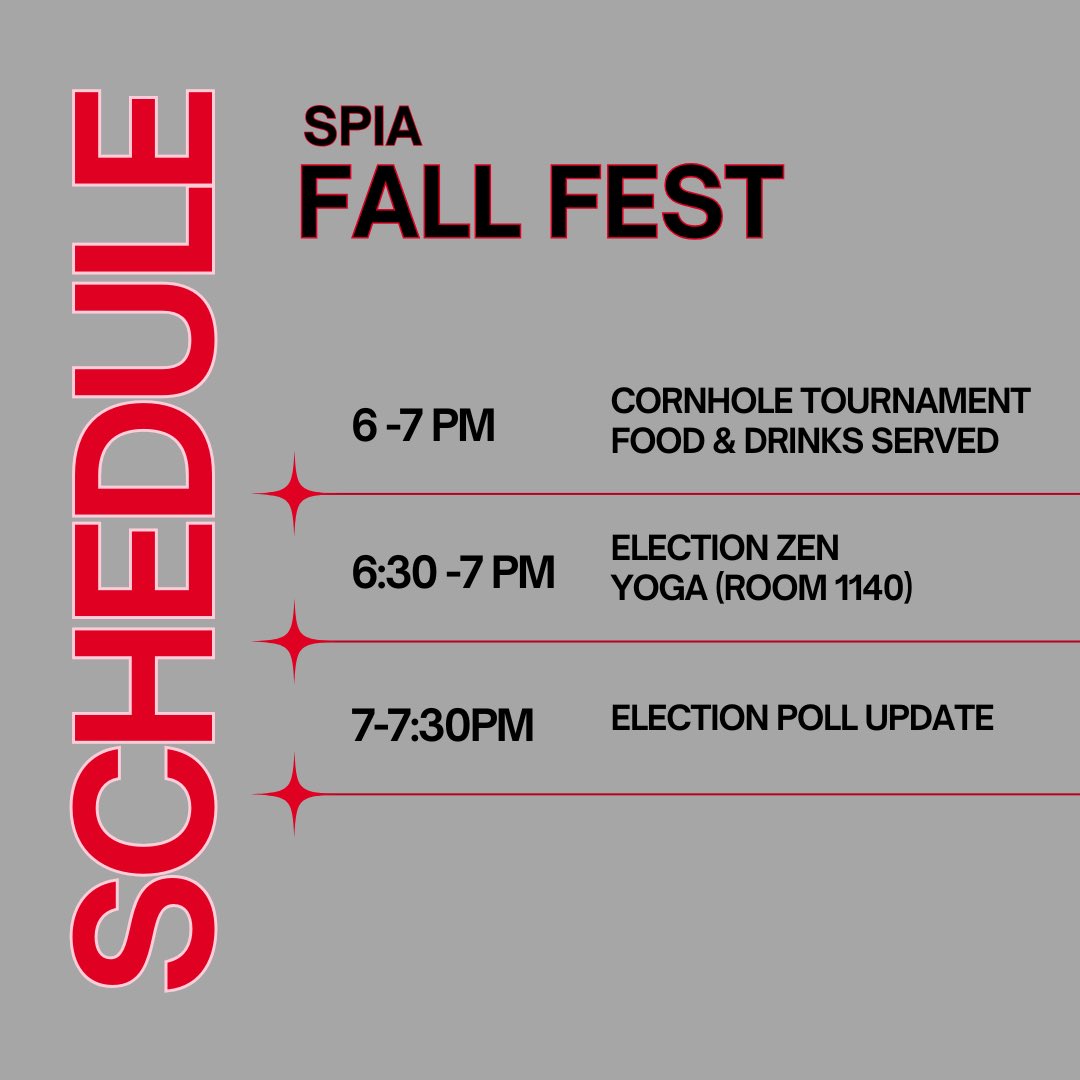 There’s still time to sign up for the SPIA Fall Fest &amp; Cornhole Tournament happening tomorrow! If you don’t want to compete in the cornhole tournament you’re still welcome to enjoy some food, drinks, and participate in election zen yoga.

Links to sign up: forms.gle/LTQMUa82JaPCYW…