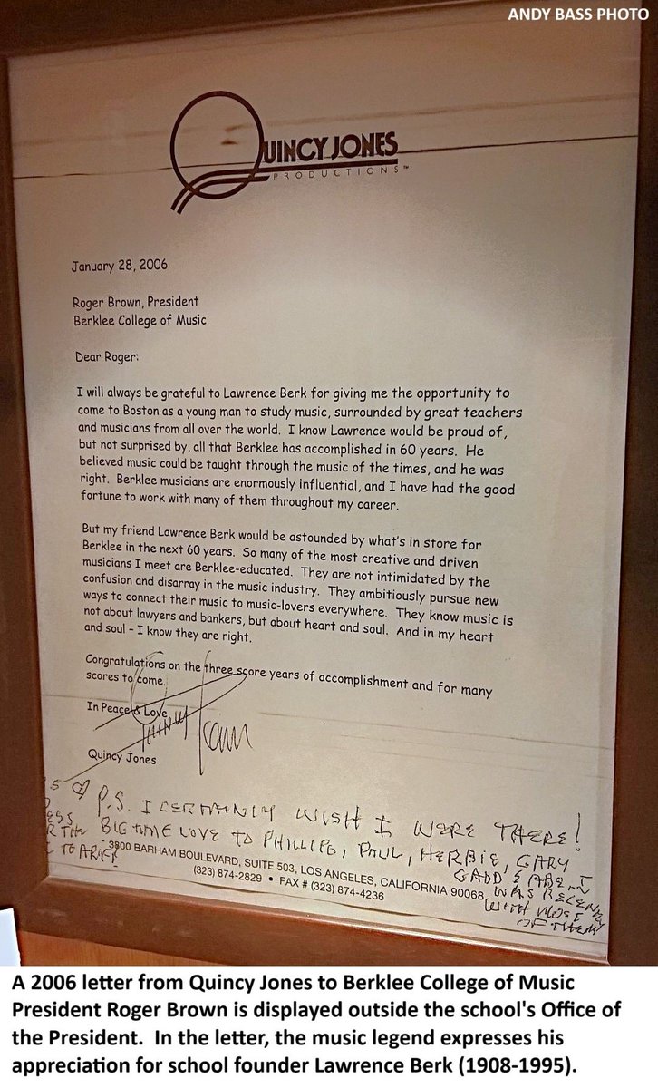 Quincy Jones earned a scholarship to Boston's Schillinger House (now the Berklee College of Music) in 1951. A display outside the Office of the President features facsimiles of the then-17-year-old's letter of inquiry and application for admission.

#RIPQuincyJones #RIPQuincy