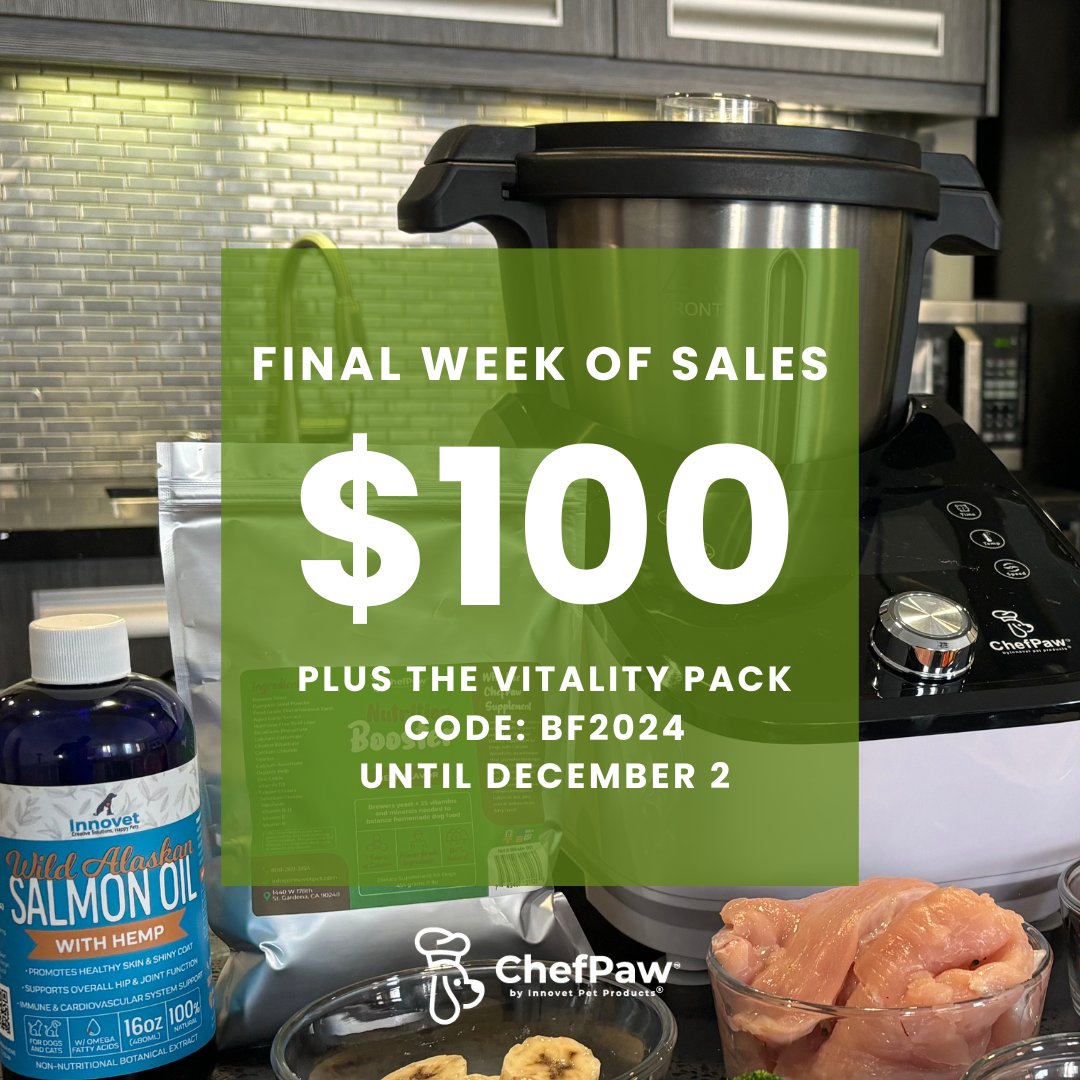 OfficialChefPaw's tweet photo. The final sale of the #PetFoodMaker is here! 🎉 Use the code BF2024 to take $100 off your purchase, plus receive the #VitalityPack for free! This deal lasts through #CyberMonday, so don’t miss your chance to treat your pup to fresh, nutritious meals at https://t.co/cVl8rQ6W5I! https://t.co/Gsw1vCwsAD