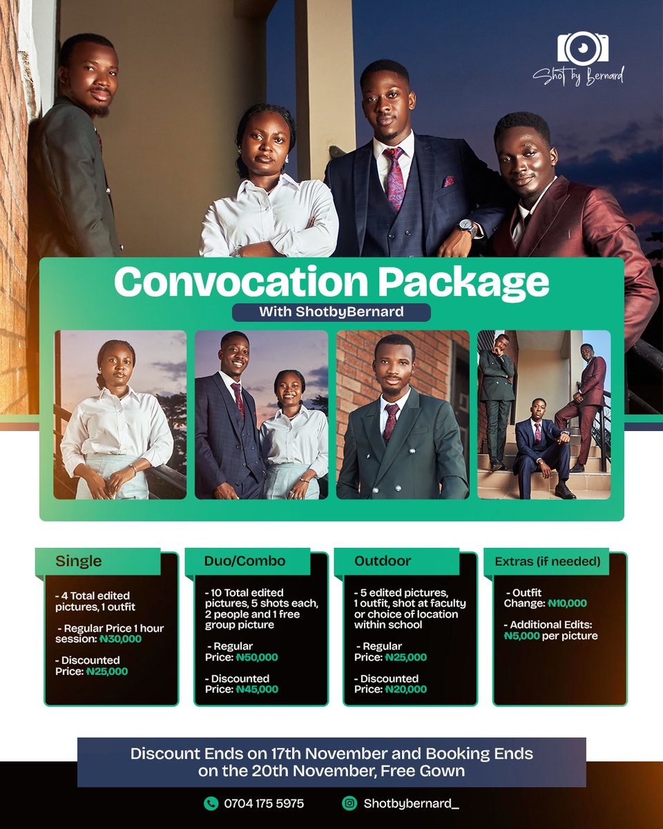 @shotbybernard_ (@shotbybenard_) on Twitter photo 🎓 Celebrate Your Convocation in Style!
Class of '22 and '23 FUTA graduates, your big day is here! Capture these precious moments with ShotbyBernard exclusive Discount Convocation Package.
<a href="/ClassInvicta/">Futa class 22</a> <a href="/Futaclassof23/">FUTA CONQUISTADORS</a> <a href="/FutaBro/">FUTA BRO</a> #FUTA #futabro 🎓 Celebrate Your Convocation in Style!
Class of '22 and '23 FUTA graduates, your big day is here! Capture these precious moments with ShotbyBernard exclusive Discount Convocation Package.
<a href="/ClassInvicta/">Futa class 22</a> <a href="/Futaclassof23/">FUTA CONQUISTADORS</a> <a href="/FutaBro/">FUTA BRO</a> #FUTA #futabro