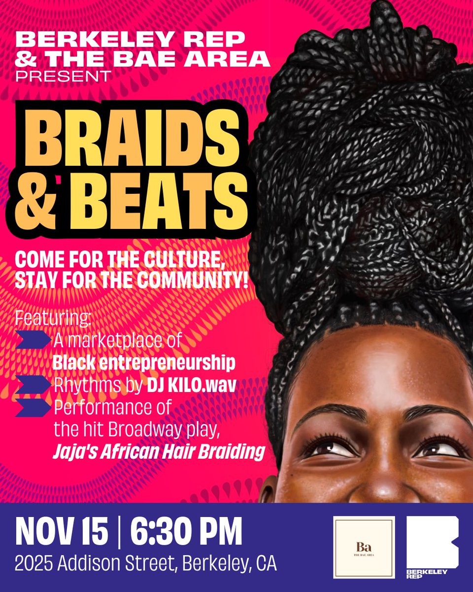 Proud to partner with Berkeley Rep. for their Braids and Beats event! This will serve as the pre-show event for their production “JaJa’s African Hair Braiding”. 

This will be a free and open to the public event with sounds curated by <a href="/kilo_wav/">kilo</a>