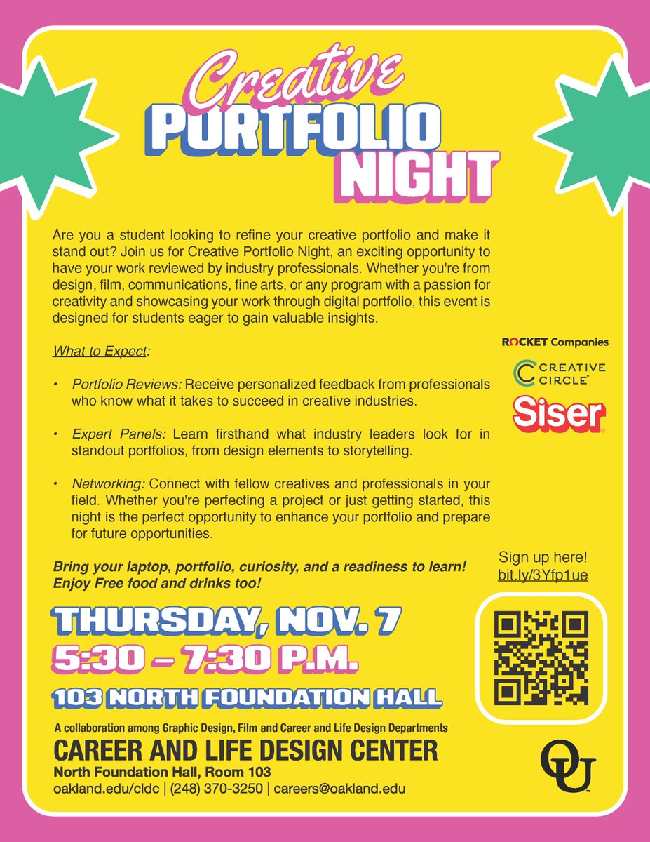 Join us, <a href="/OUCareers/">OU Career and Life Design Center</a>, and <a href="/OUArtArtHistory/">Oakland University Art and Art History Department</a> for creative portfolio night! This is your chance to get your prospective job materials reviewed by industry professionals. This Thursday at 5:30pm in 103 NFH.