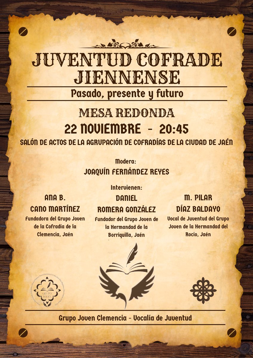 JaenClemencia's tweet photo. 🔴 GRUPO JOVEN
Dentro de los actos por la celebración del XXV aniversario de fundación de nuestro Grupo Joven, se ha organizado una Mesa Redonda bajo el título "Juventud Cofrade Jiennense. Pasado, presente y futuro".

📅22 noviembre 
⏰20:45 h 
🏠Agrupación de CC.HH.
#LaMagdalena https://t.co/bQYIaSrkmF