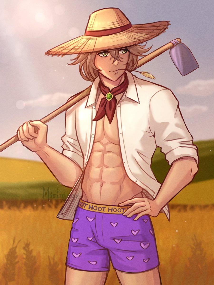 miri_mage's tweet image. How I imagine Farmer Rizzhelm in his lucky purple shorts, rizzing up everyone in Pelican Town with his kegs appeal 😏 

#Villustrations