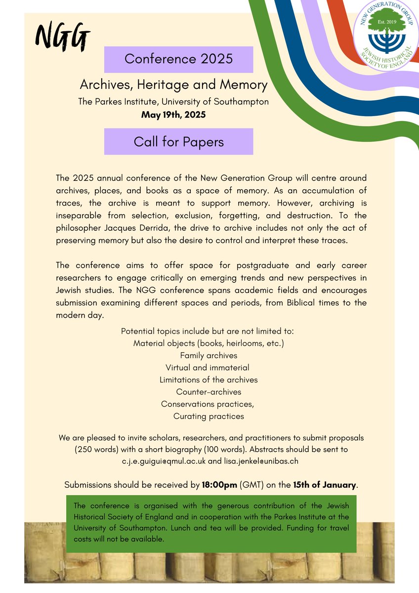 JHSE New Generation Group (@ngg_jhse) on Twitter photo We are pleased to share the #CfP for our 2025 conference at the <a href="/ParkesInstitute/">Parkes Institute</a> <a href="/unisouthampton/">University of Southampton</a> on May 19th, 2025. This year's conference focuses on 'Archives, Heritage and Memory'. Deadline: Jan 15th, 2025 We are pleased to share the #CfP for our 2025 conference at the <a href="/ParkesInstitute/">Parkes Institute</a> <a href="/unisouthampton/">University of Southampton</a> on May 19th, 2025. This year's conference focuses on 'Archives, Heritage and Memory'. Deadline: Jan 15th, 2025