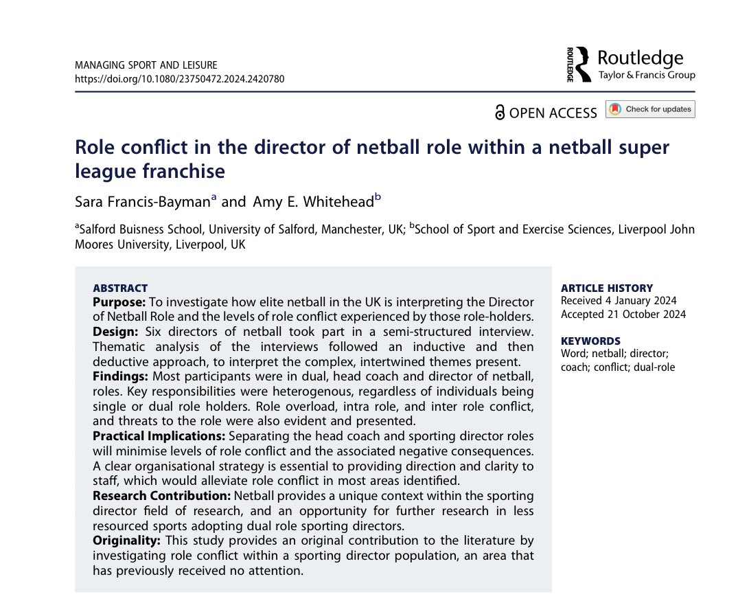 Dr Amy Whitehead (@a_whitehead1) on Twitter photo How many hats 🧢 does a Director of Netball in the Super League wear & how does this impact their role?
Sara Francis-Bayman <a href="/runlikeforrest/">Sara Francis-Bayman</a> has led the first study of its kind to understand this multifaceted & at times conflicting role 👇🏼 #netball
tandfonline.com/doi/epdf/10.10… How many hats 🧢 does a Director of Netball in the Super League wear & how does this impact their role?
Sara Francis-Bayman <a href="/runlikeforrest/">Sara Francis-Bayman</a> has led the first study of its kind to understand this multifaceted & at times conflicting role 👇🏼 #netball
tandfonline.com/doi/epdf/10.10…