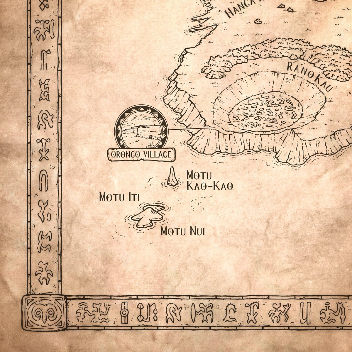 I just finished the border for the map I’ve been working on of Rapa Nui (Easter Island). 🗿 

I added glyphs from the native writing system of Rongorongo, which still has yet to be deciphered. I thought it was a fun way to give another nod to the rich culture of the island.