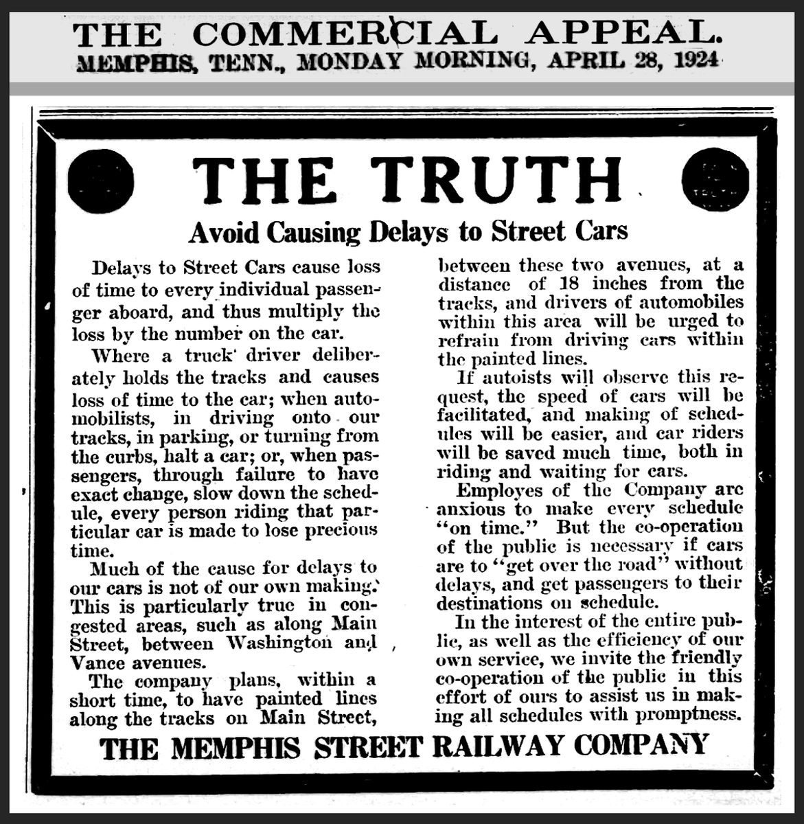 PeterNorton12's tweet photo. Memphis Street Railway Company, 1924. Assertions to the effect that “people preferred to drive” are guesses in the guise of explanations. In cities, a small minority of motorists degraded streetcar service for the majority. https://t.co/PB83aB9oTp