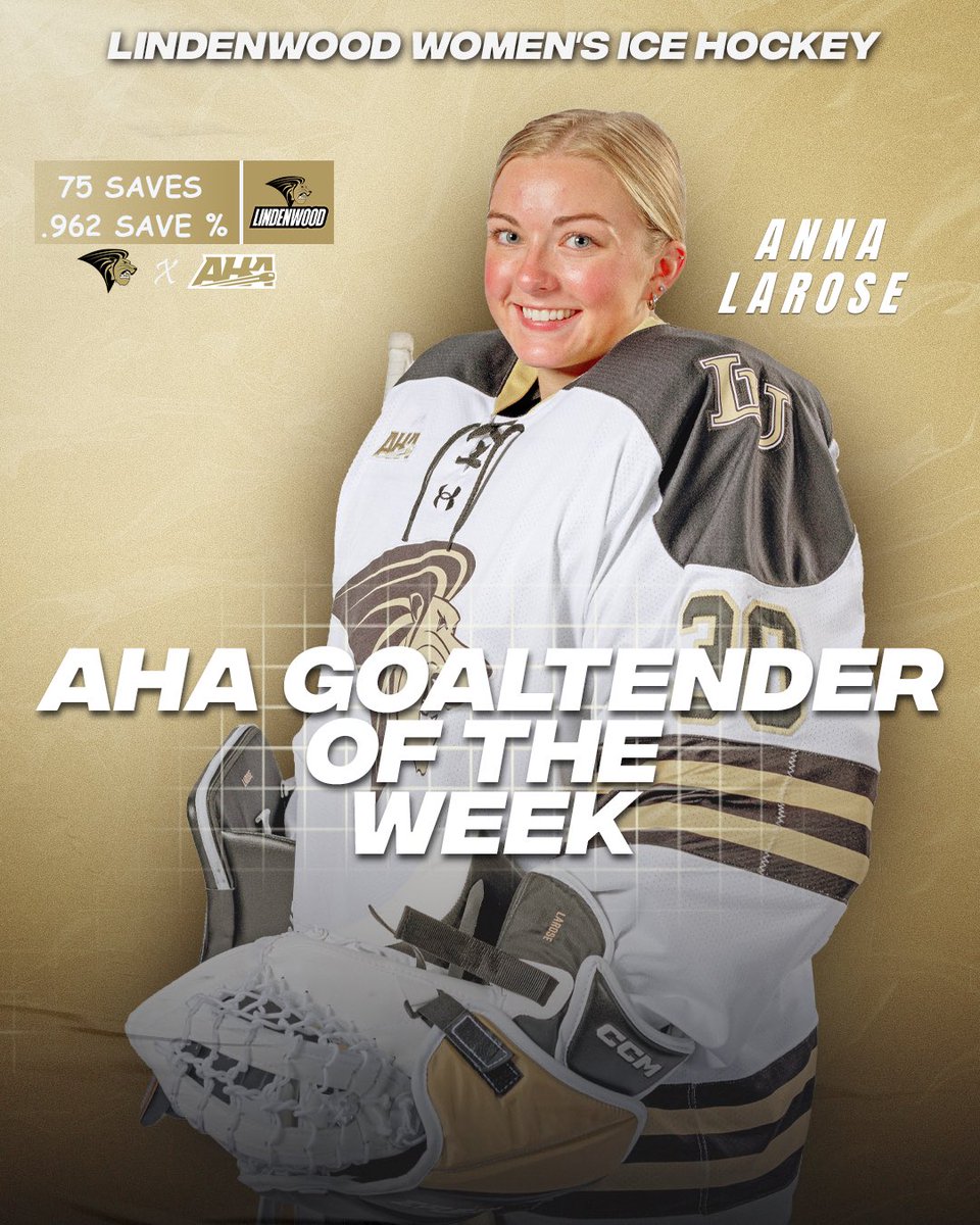 Anna LaRose member of the <a href="/LU_Hockey/">NCAA Lindenwood Women's Hockey</a> team 🦁🏒🦁🏒  was recognized as the <a href="/Atlantic_Hockey/">Atlantic Hockey America</a> Goaltender of the Week

LaRose turned aside 75-of-78 shots in a two-game series against conference opponent Mercyhurst

📖: tinyurl.com/4nkyar72

#NewLevel