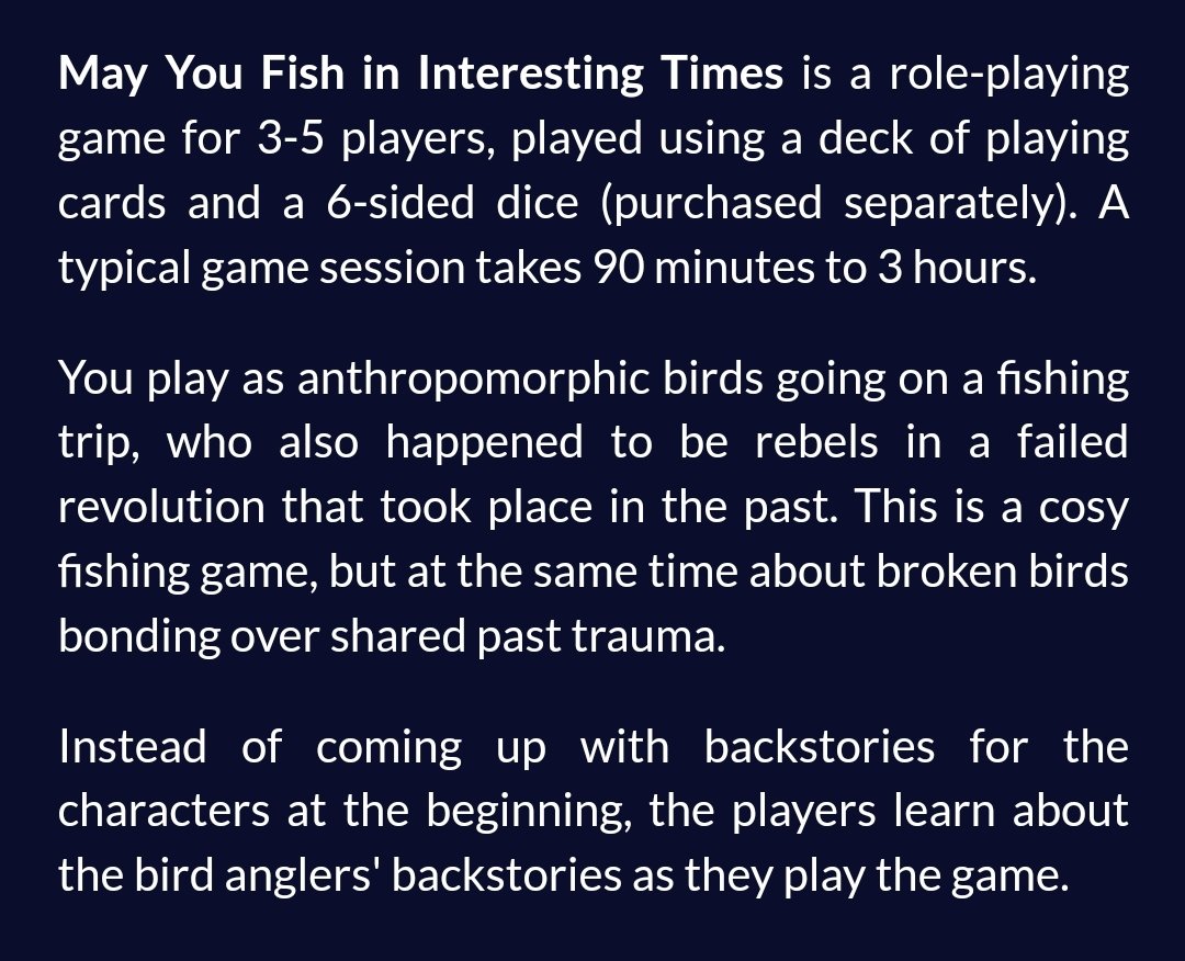 heybrilight's tweet photo. Offering @Aryl_Ether 's May You Fish in Interesting Times tonight at Story Games LA! You play as anthropomorphic birds going on a fishing trip, who happened to be rebels in a failed revolution. See you at Geeky Teas, Burbank! Link to meetup below. #ttrpg #storygames https://t.co/xLkdQbkbvo