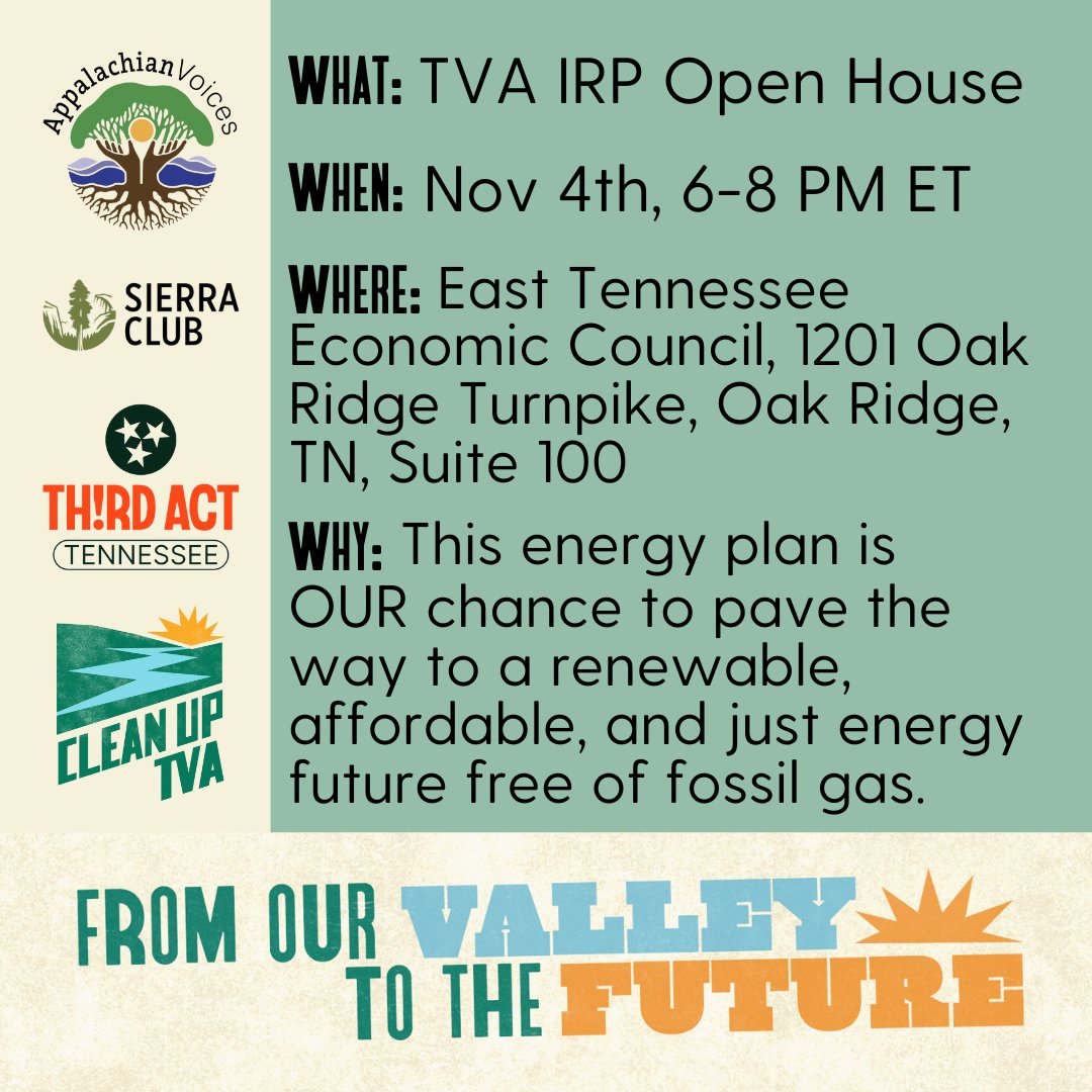 Clean Up TVA Coalition (@cleanuptva) on Twitter photo Reminder to join @appvoices, <a href="/SierraClubTN/">Sierra Club TN</a>, and <a href="/thirdact/">thomas hayduk</a> this afternoon for a community gathering and then the IRP Open House! Reminder to join @appvoices, <a href="/SierraClubTN/">Sierra Club TN</a>, and <a href="/thirdact/">thomas hayduk</a> this afternoon for a community gathering and then the IRP Open House!