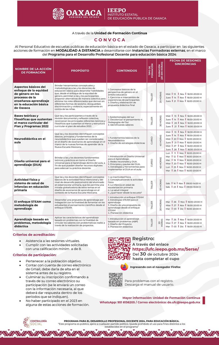 IEEPOGobOax's tweet photo. 📌CONVOCATORIA ABIERTA 
Programa para el Desarrollo Profesional Docente para Educación Básica 2024, dirigido a personal educativo de escuelas públicas.
Mayor información
📲WhatsApp 951 615 6205
📧Correo electrónico: de.ufc@ieepo.gob.mx
Convocatoria en: https://t.co/1tCFdDw0h5 https://t.co/GDrjzaAGQE